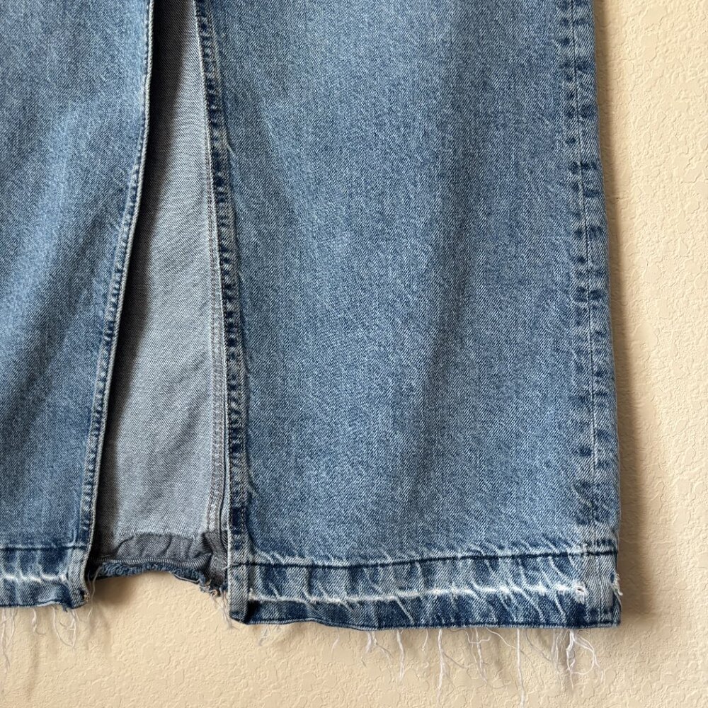 Zara Distressed Released Hem Front Slit Denim Blue Jean Midi Skirt - Picture 6 of 9